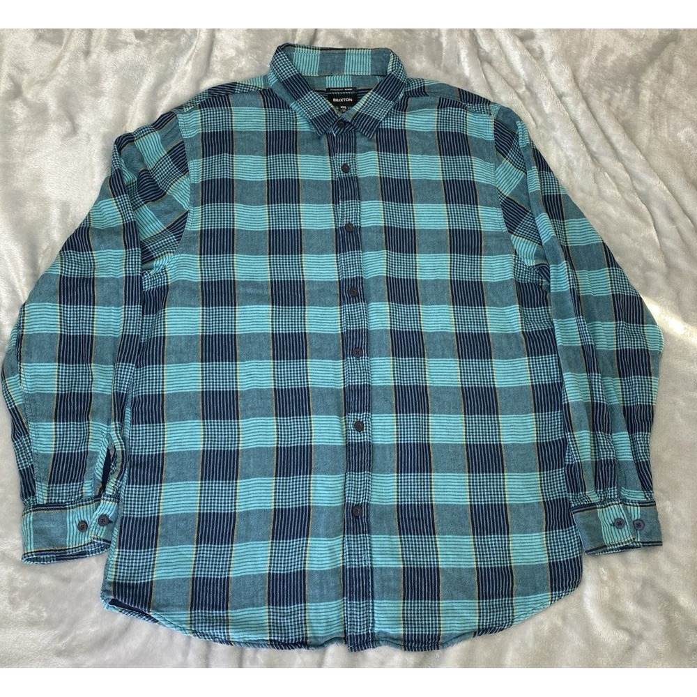 Brixton Bowery Flannel Shirt Men XXL Teal Navy Blue Plaid Cotton Button Down